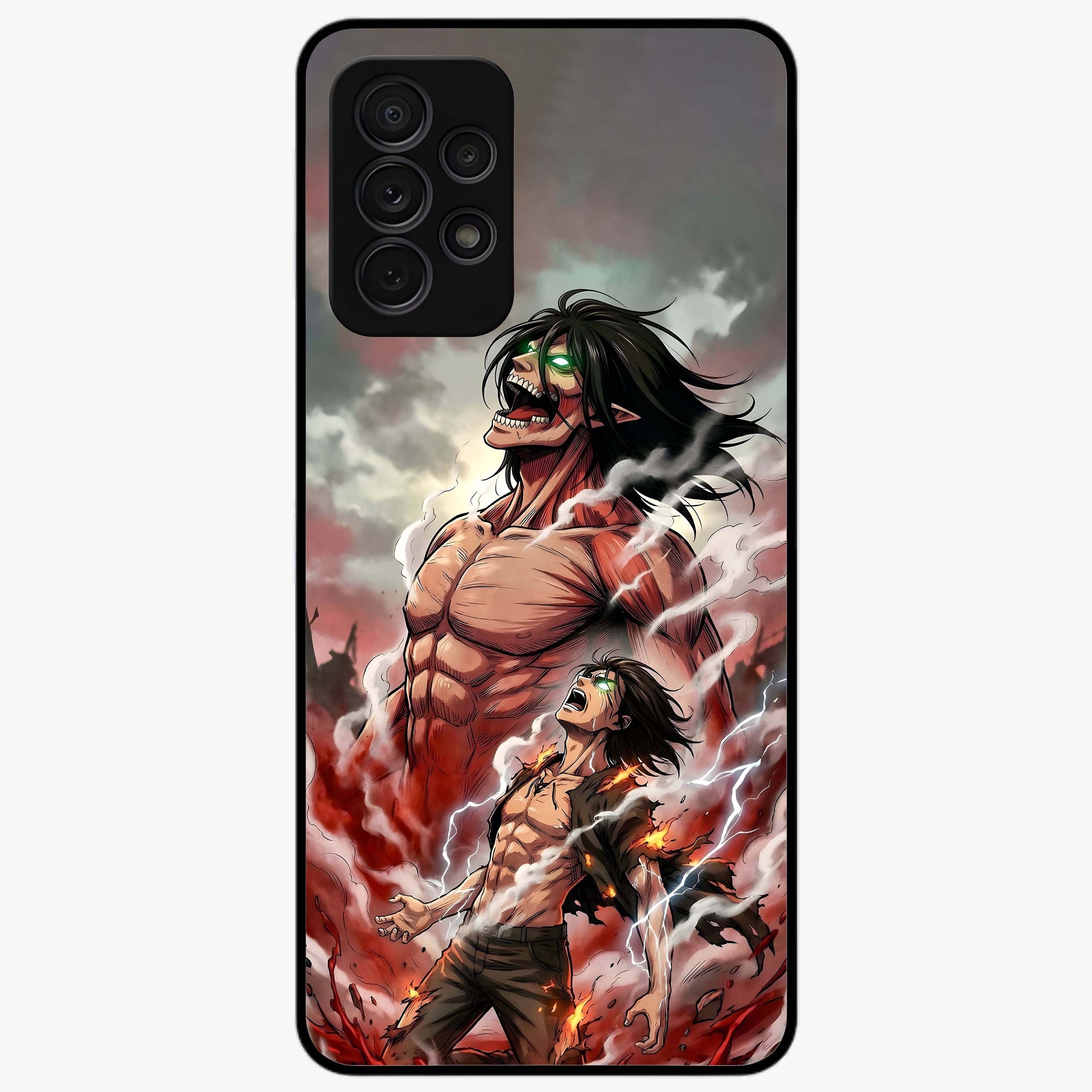 Titan Awakening Fury Glass Case showing flat back view with powerful titan inspired artwork and glossy glass finish.