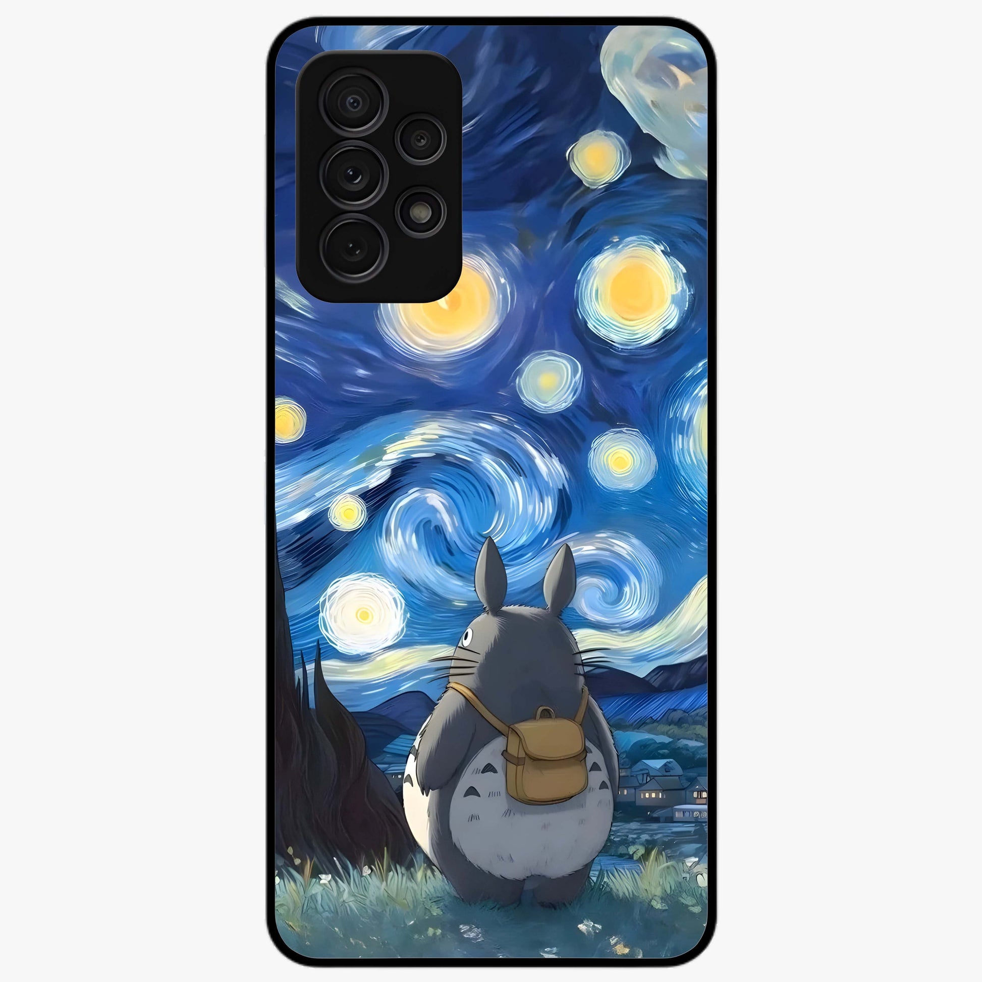 Totoro In Van Gogh Art Glass Case showing flat back view with whimsical character artwork inspired by Van Gogh style and glossy glass finish.