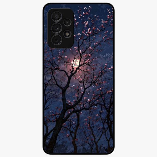 Twilight Sakura Serenade Glass Case showing flat back view with cherry blossom artwork at twilight and glossy glass finish.