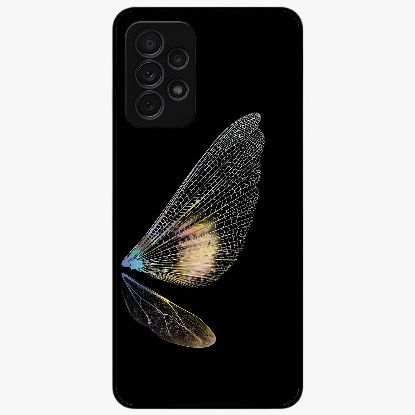 Whispers Of Wings Glass Case showing flat back view with graceful wing inspired artwork and glossy glass finish.
