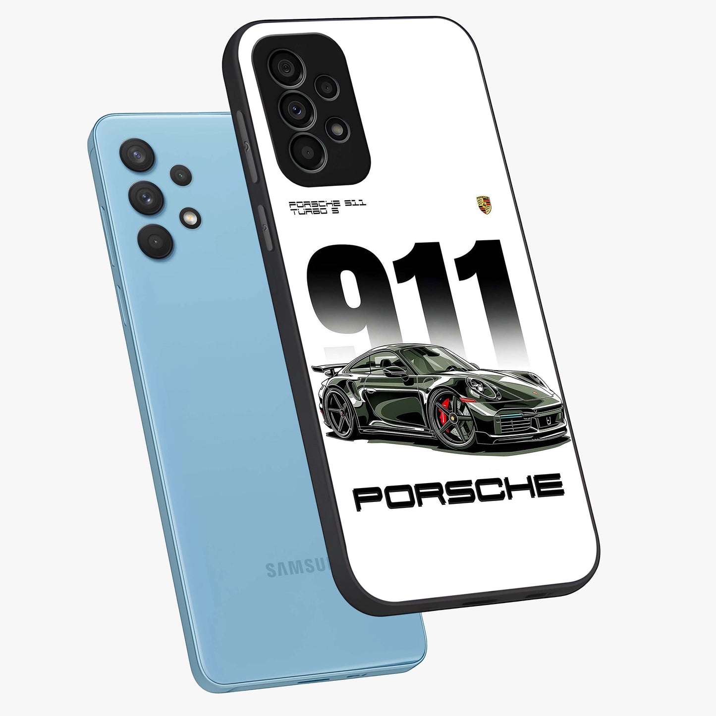 911 Turbo Dominance Glass Case displayed in premium angled mockup highlighting sporty car illustration and sleek glass surface.