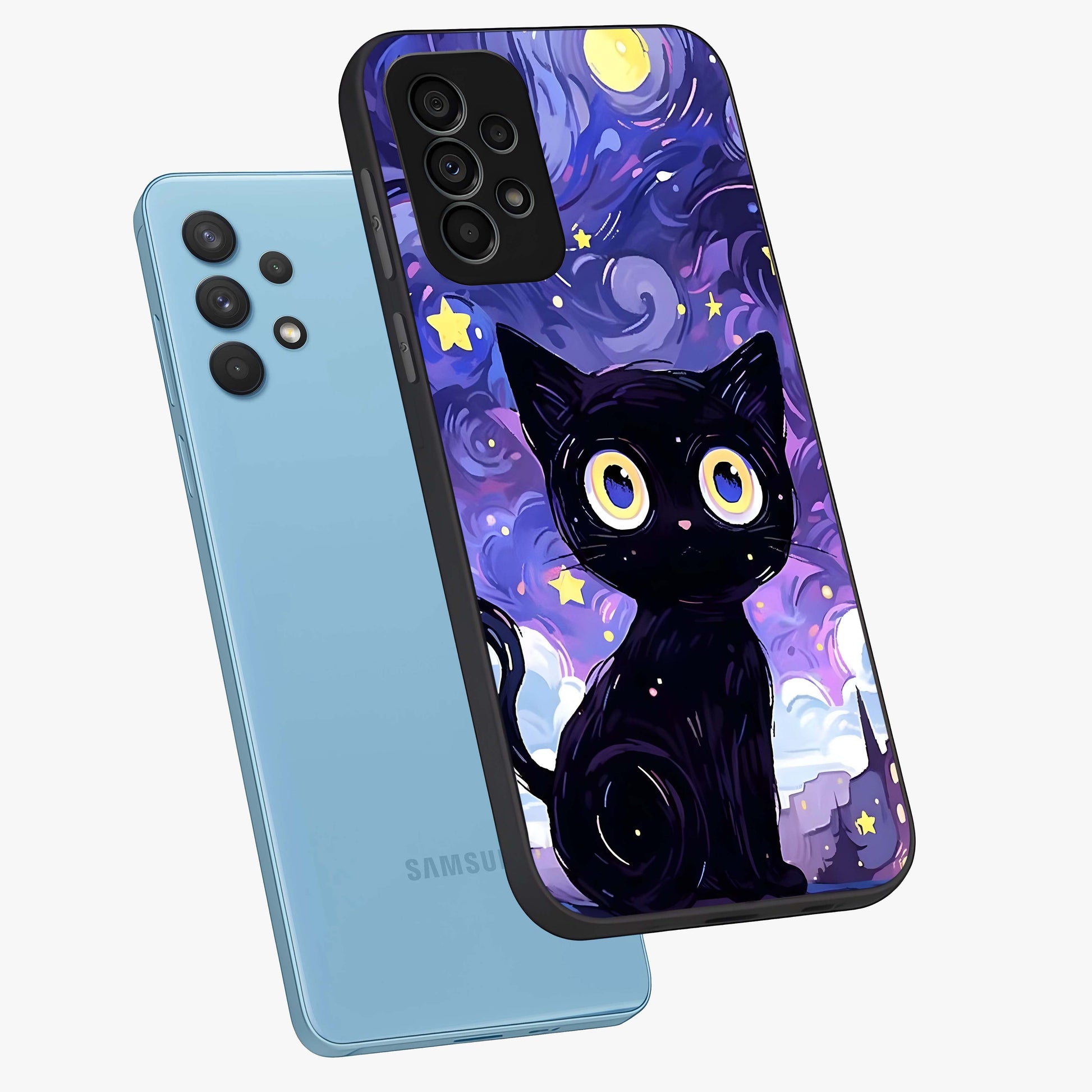 Abstract Cat Art Glass Case displayed in angled mockup highlighting modern abstract cat artwork and sleek glass surface.