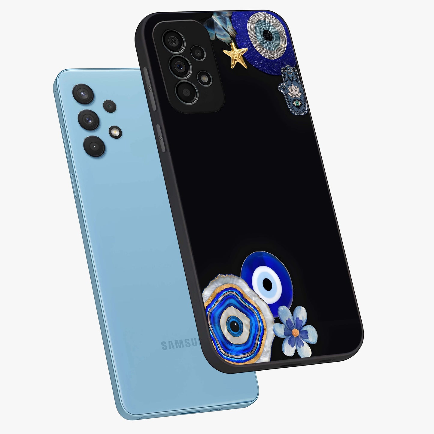 Aesthetic Blue Evil Eye Glass Case displayed in angled mockup highlighting blue evil eye symbol and spiritual aesthetic design.