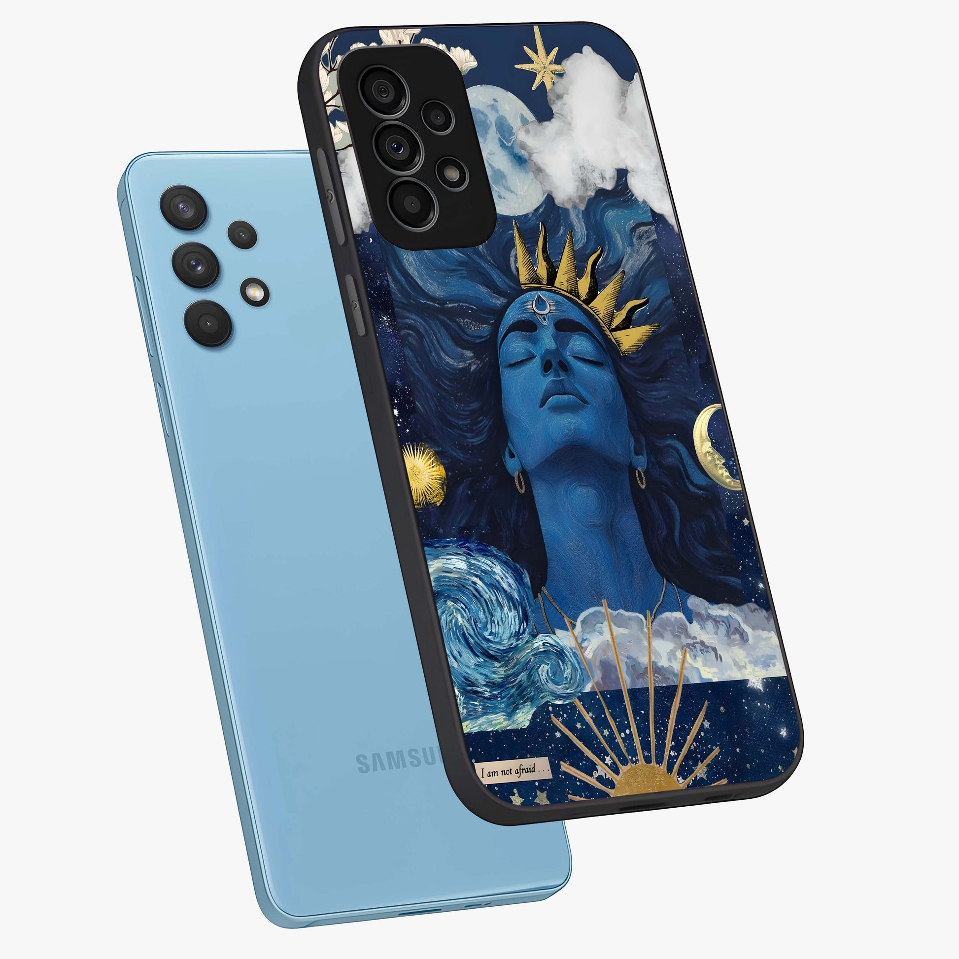 Aesthetic Lord Shiva Glass Case displayed in angled mockup highlighting spiritual Shiva illustration and sacred aesthetic design.
