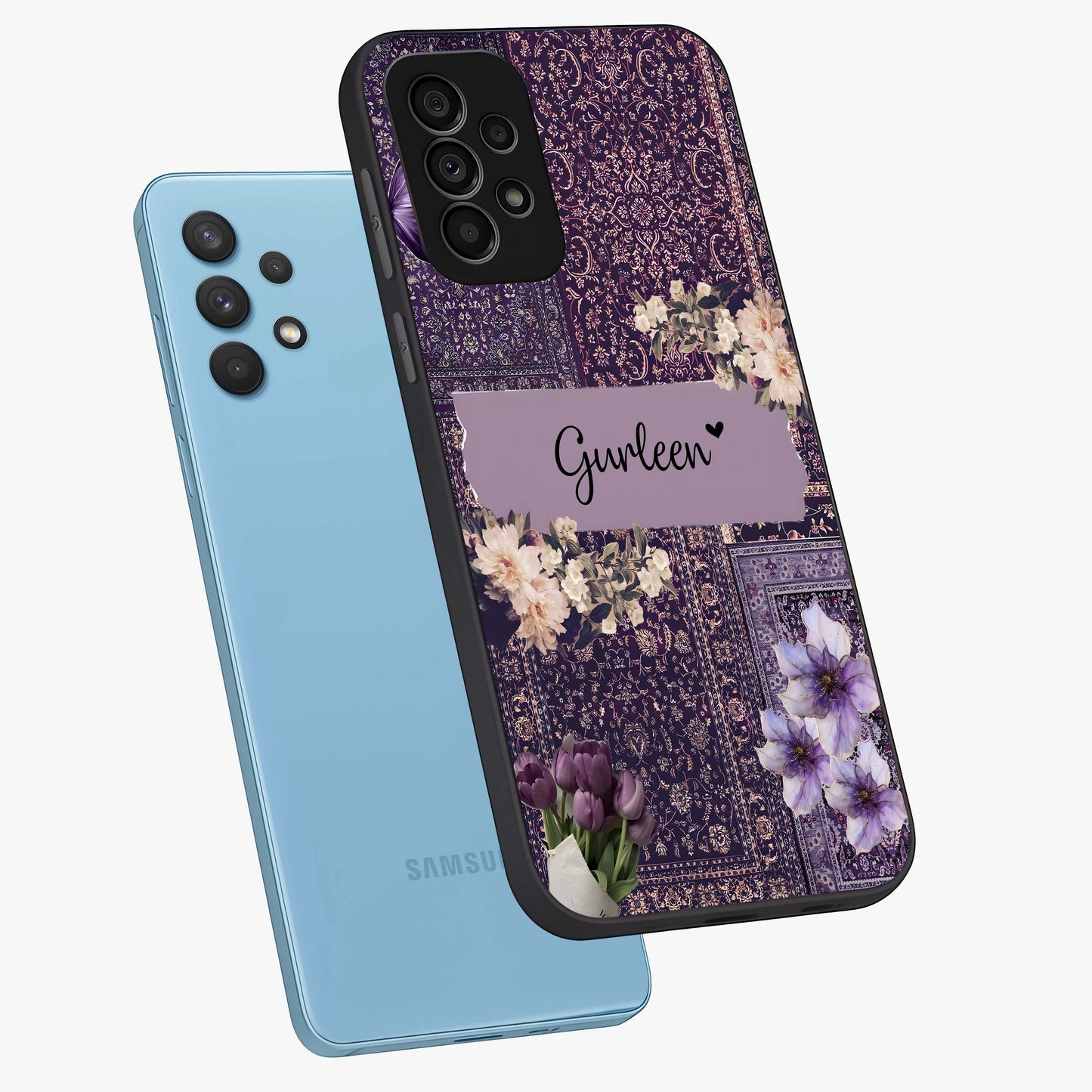 Antique Floral Whisper Custom Name Glass Case displayed in angled mockup highlighting elegant antique floral aesthetic.
