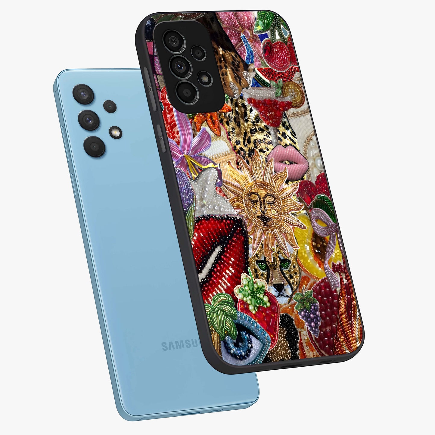 Beaded Fashion Jungle Glass Case displayed in angled mockup highlighting colorful fashion bead design and artistic pattern.