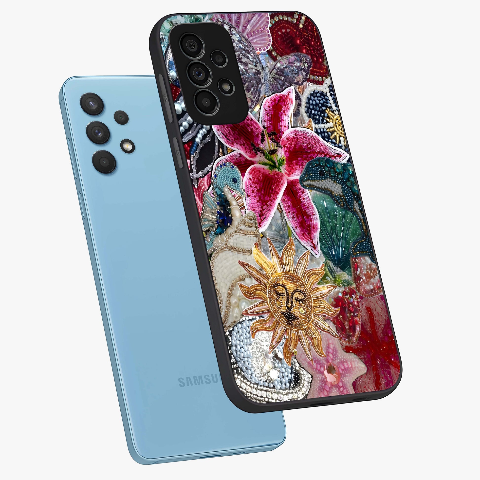Beaded Garden Fantasy Glass Case displayed in angled mockup highlighting fantasy inspired floral bead pattern.