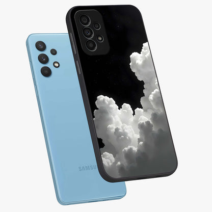 Black Background With White Cloud Glass Case displayed in angled mockup highlighting soft white cloud illustration and minimal design.