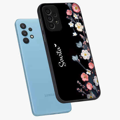 Black Elegance Floral Custom Name Glass Case displayed in angled mockup highlighting dark floral aesthetic and custom name feature.