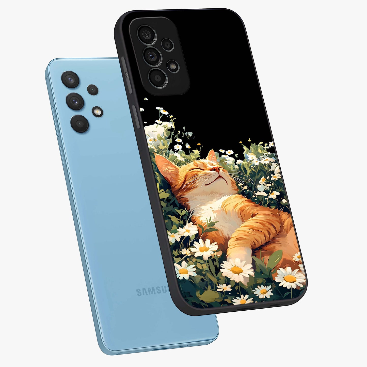 Blissful Bloom Cat Glass Case displayed in angled mockup highlighting playful feline illustration with soft floral aesthetic.