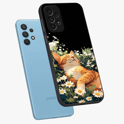 Blissful Bloom Cat Glass Case displayed in angled mockup highlighting playful feline illustration with soft floral aesthetic.