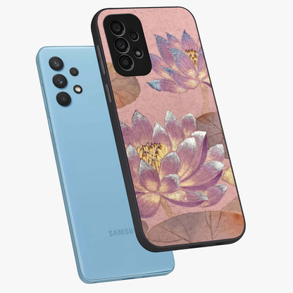 Blossom Mist Lotus Glass Case displayed in angled mockup highlighting delicate lotus illustration with calm aesthetic theme.