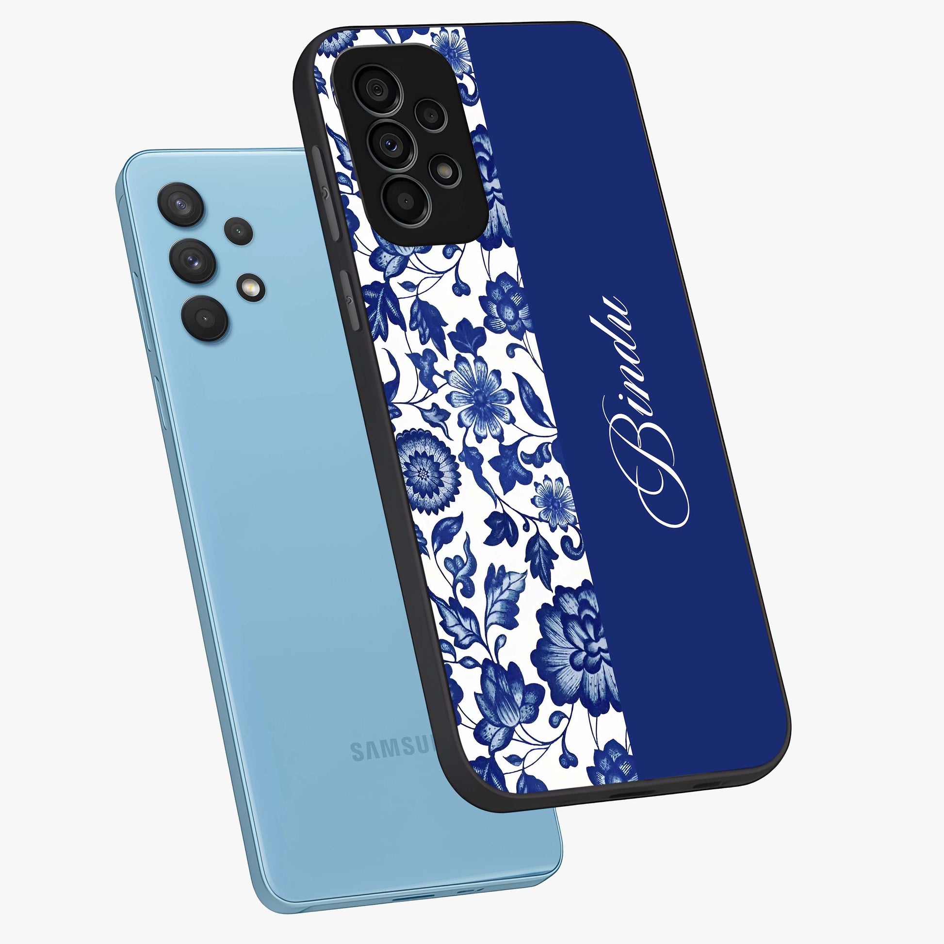 Blue Vintage Floral Pattern Glass Case displayed in angled mockup highlighting subtle bloom pattern with aesthetic pastel design.