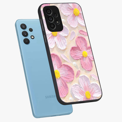 Blush Bloom Texture Glass Case displayed in angled mockup highlighting subtle bloom pattern with aesthetic pastel design.