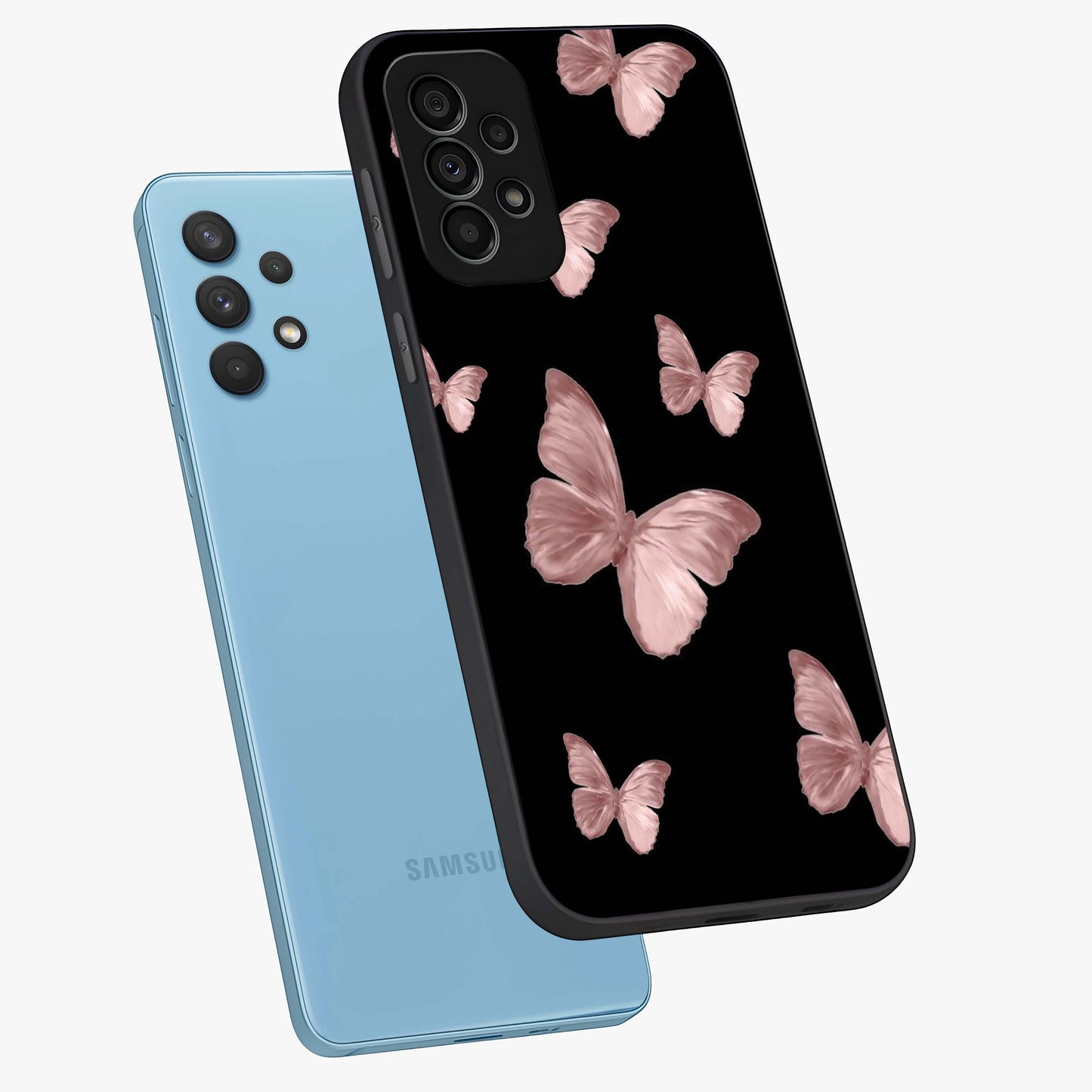 Butterfly Pattern Glass Case displayed in angled mockup highlighting delicate butterfly design and aesthetic pattern style.