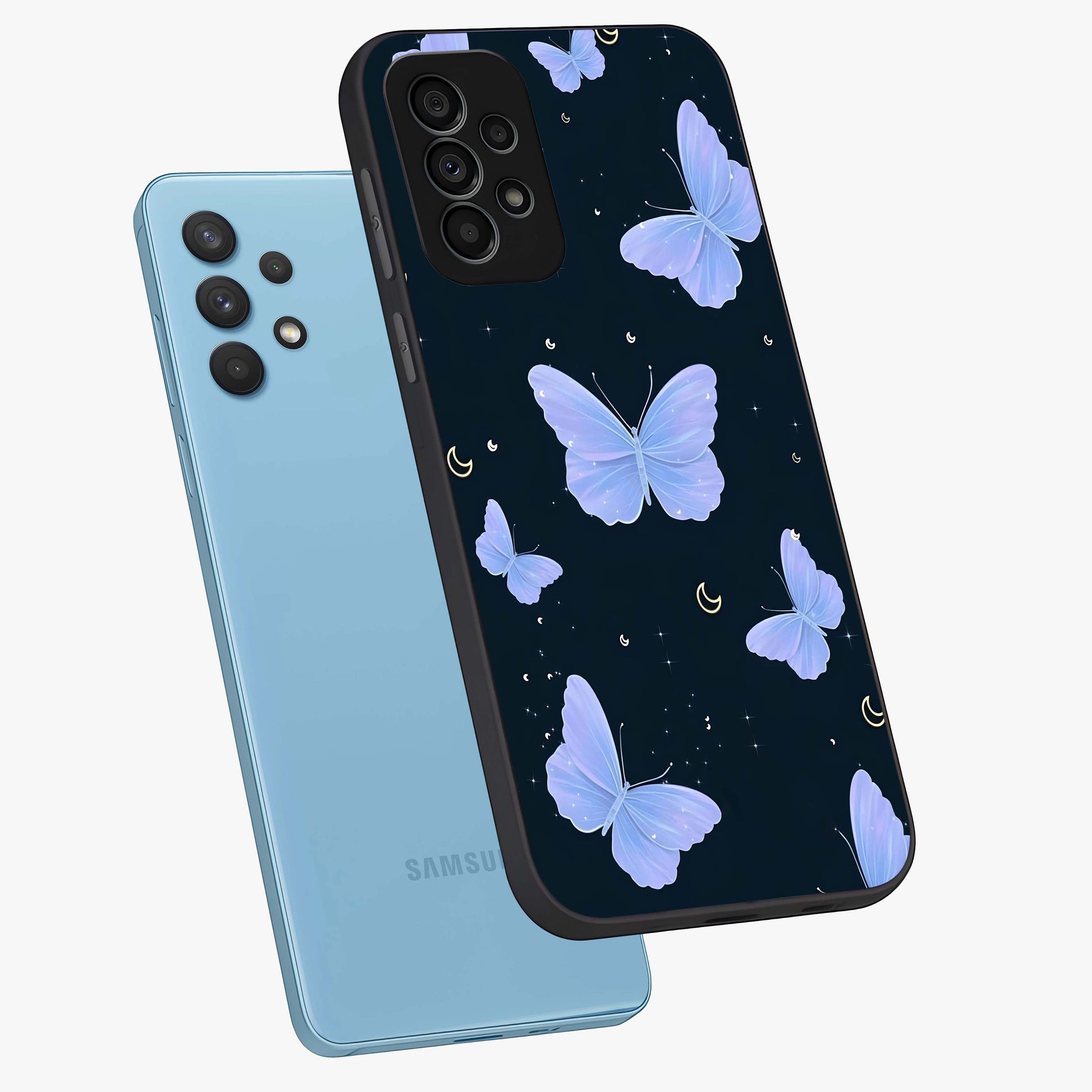 Butterfly With Stars Pattern Glass Case displayed in angled mockup highlighting dreamy butterfly and star design with aesthetic theme.