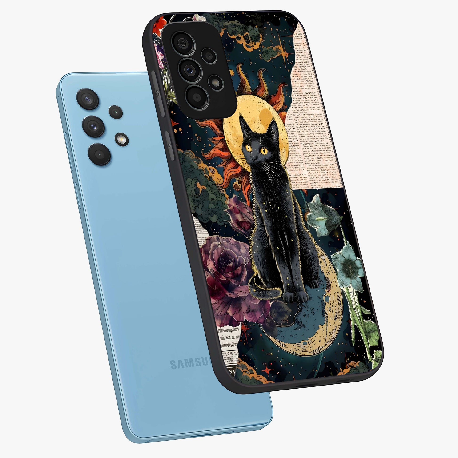 Celestial Black Cat Glass Case displayed in angled mockup highlighting cosmic black cat design with celestial aesthetic.