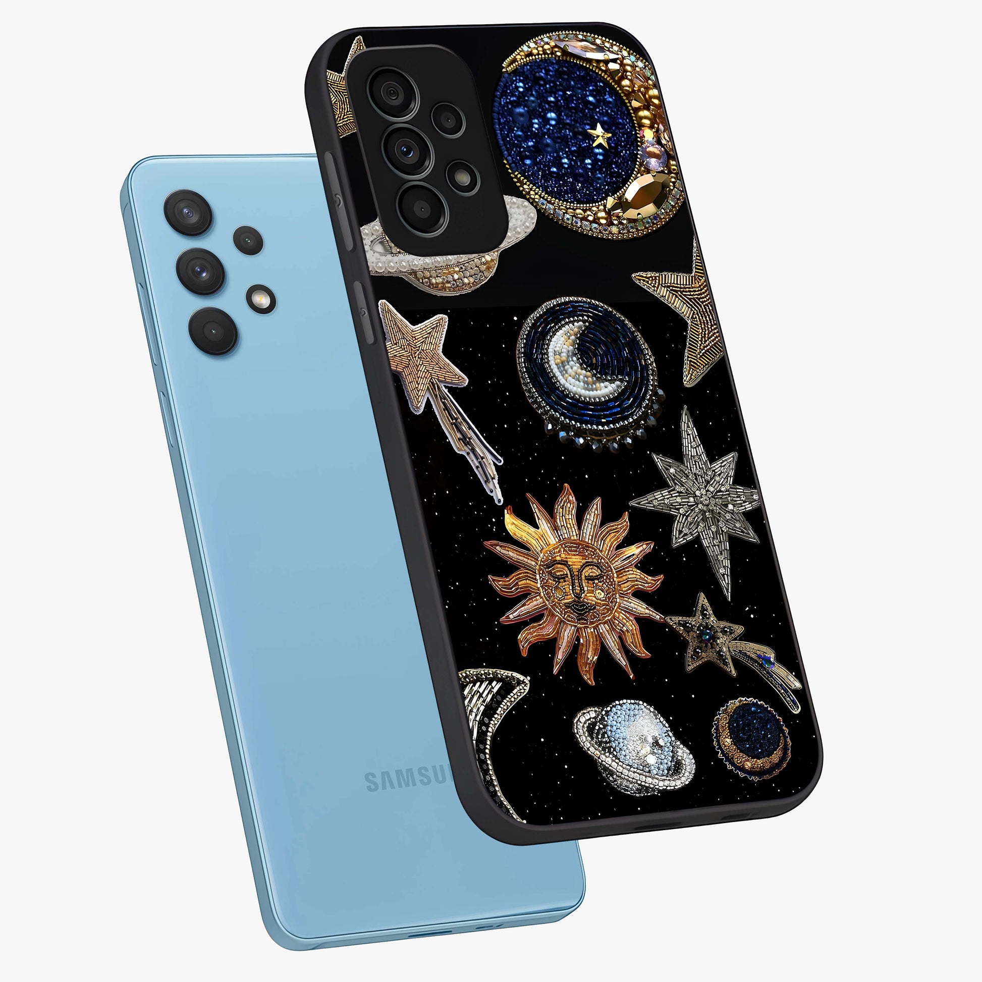 Celestial Gem Constellations Glass Case displayed in angled mockup highlighting gemstone inspired constellation design.