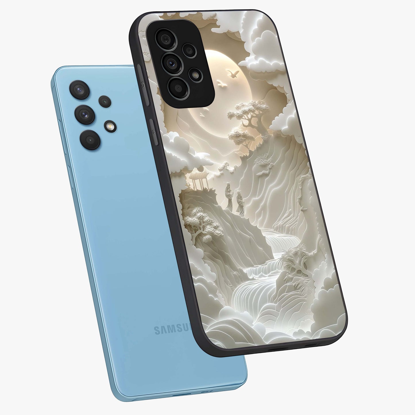 Celestial Origami Glass Case displayed in angled mockup highlighting geometric origami design with cosmic aesthetic theme.