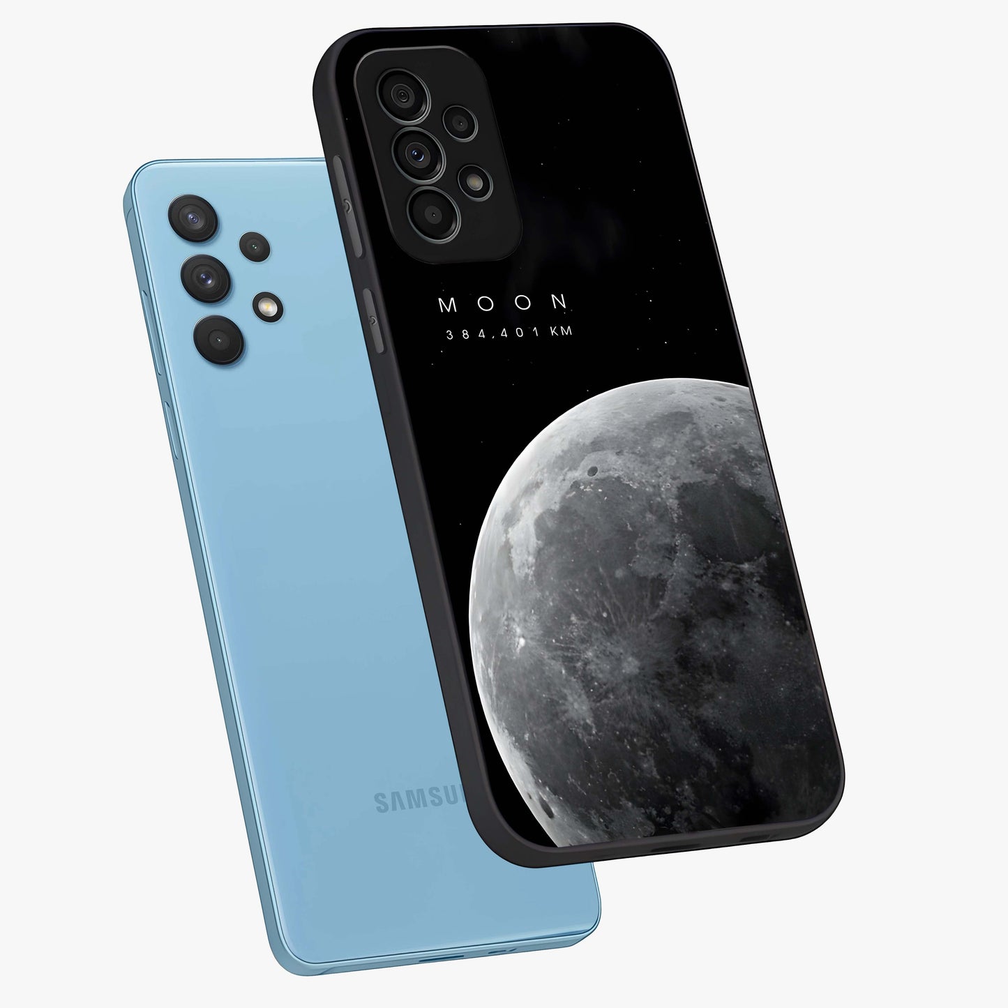 Cosmic Moon Glow Glass Case displayed in angled mockup highlighting celestial moon design with cosmic aesthetic theme.