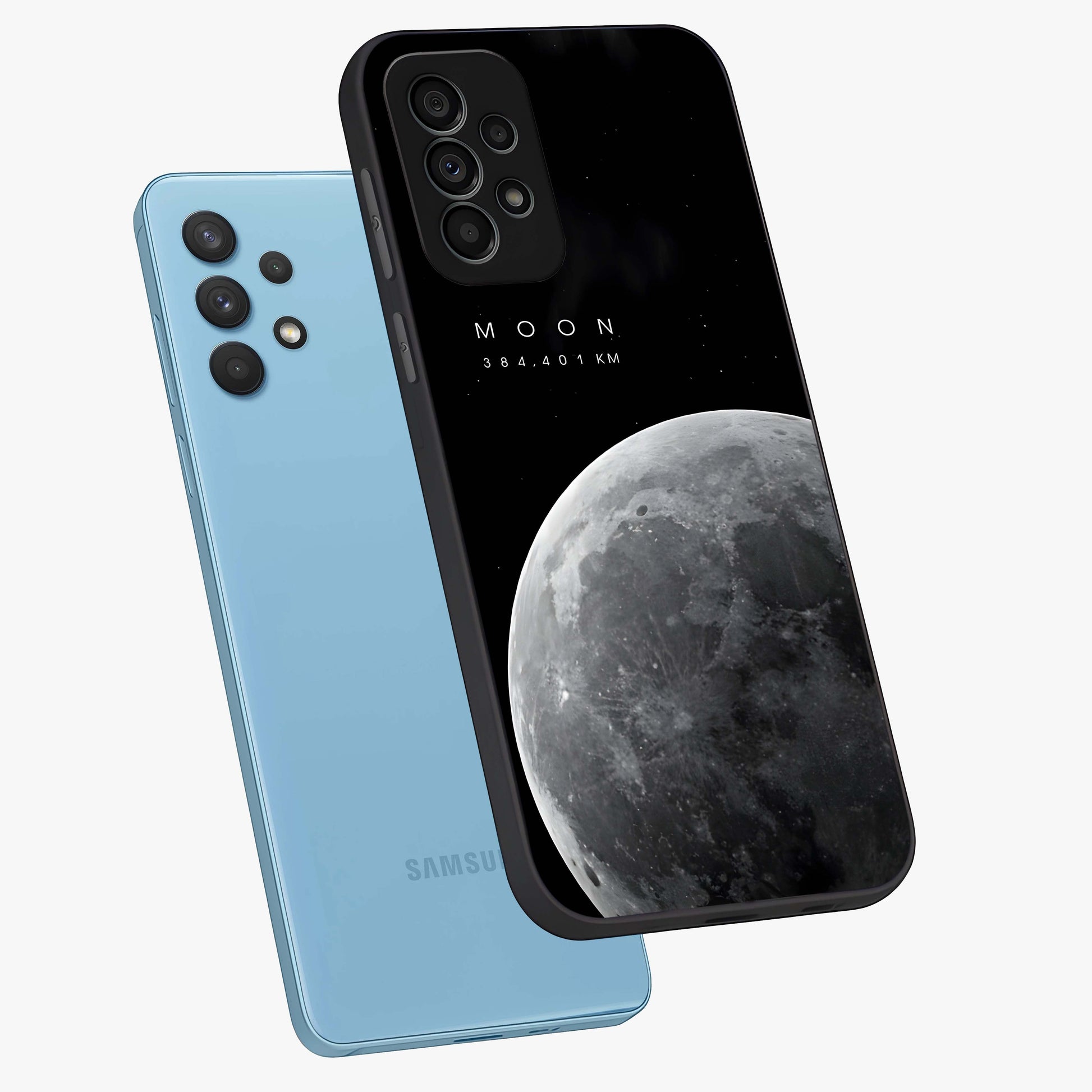 Cosmic Moon Glow Glass Case displayed in angled mockup highlighting celestial moon design with cosmic aesthetic theme.