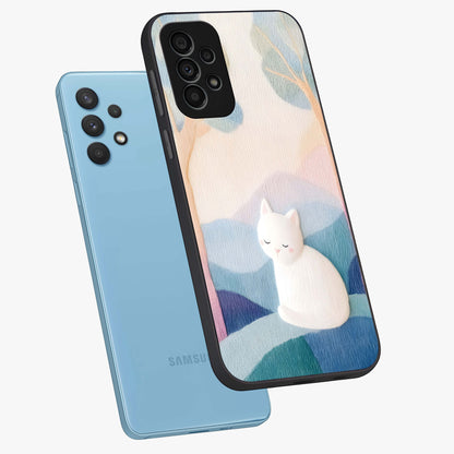 Cotton Dream Cat Glass Case displayed in angled mockup highlighting cute feline illustration with pastel aesthetic style.