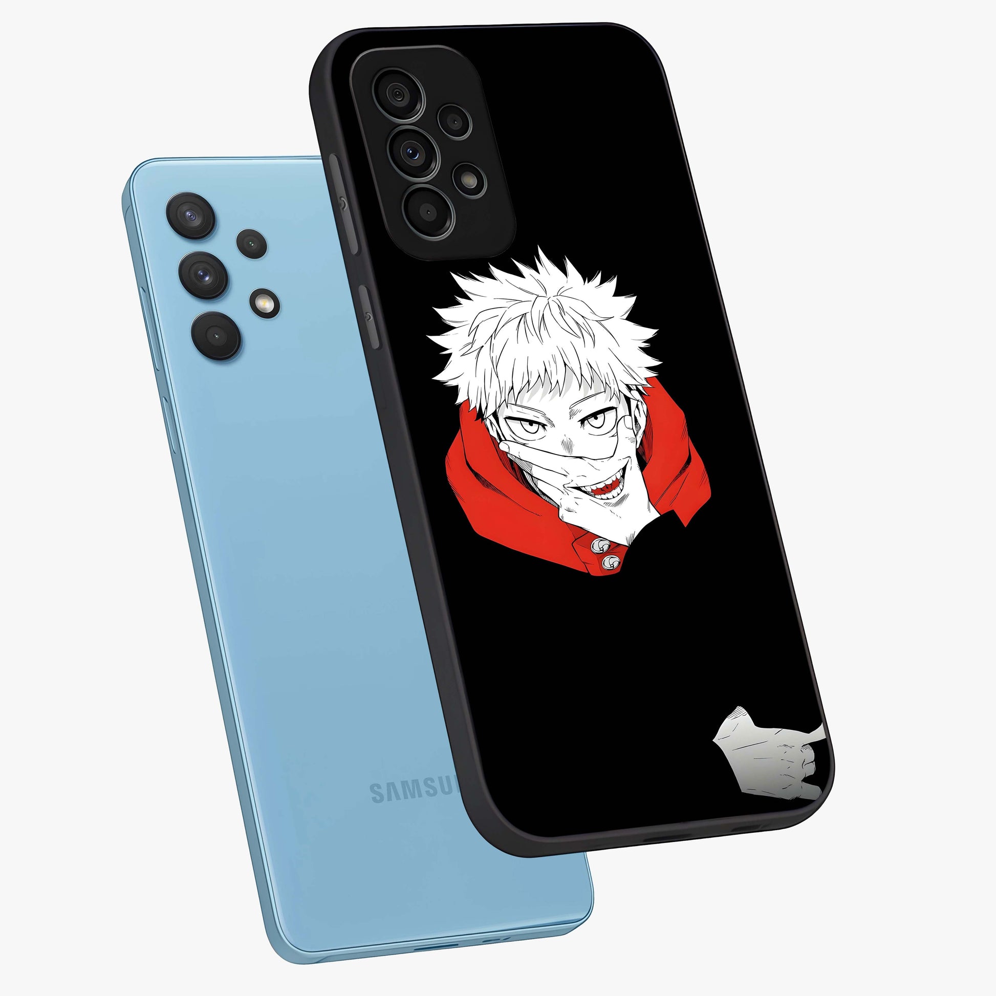 Crimson Chaos Smile Glass Case displayed in angled mockup highlighting edgy crimson smile design with graphic aesthetic.