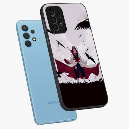 Crimson Crow Ascension Glass Case displayed in angled mockup highlighting powerful crow illustration with dark crimson aesthetic.