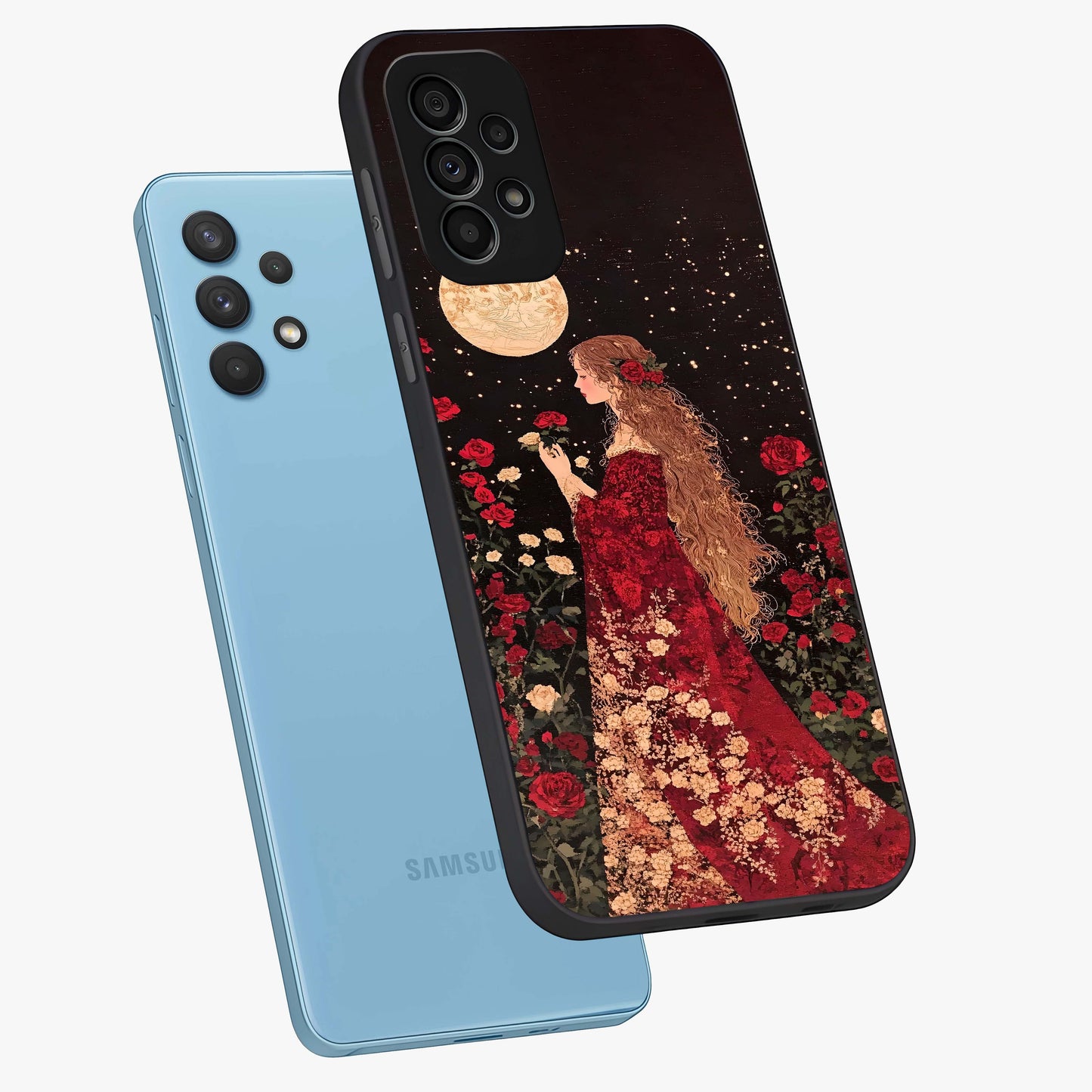 Crimson Dreams Glass Case displayed in angled mockup highlighting soft crimson aesthetic design with artistic theme.