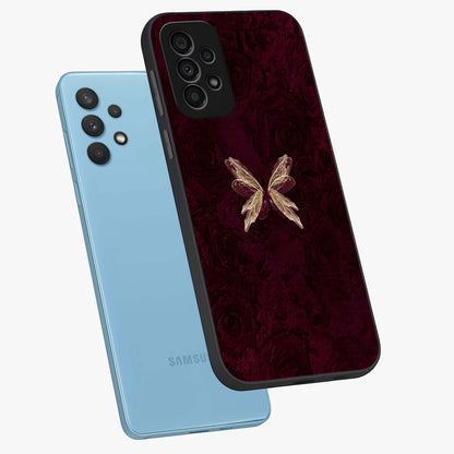 Crimson Fade Butterfly Glass Case displayed in angled mockup highlighting elegant butterfly design with crimson gradient aesthetic.
