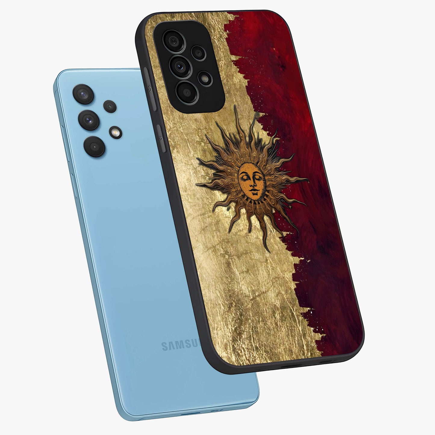 Crimson Sun Majesty Glass Case displayed in angled mockup highlighting majestic crimson sun design with bold aesthetic style.