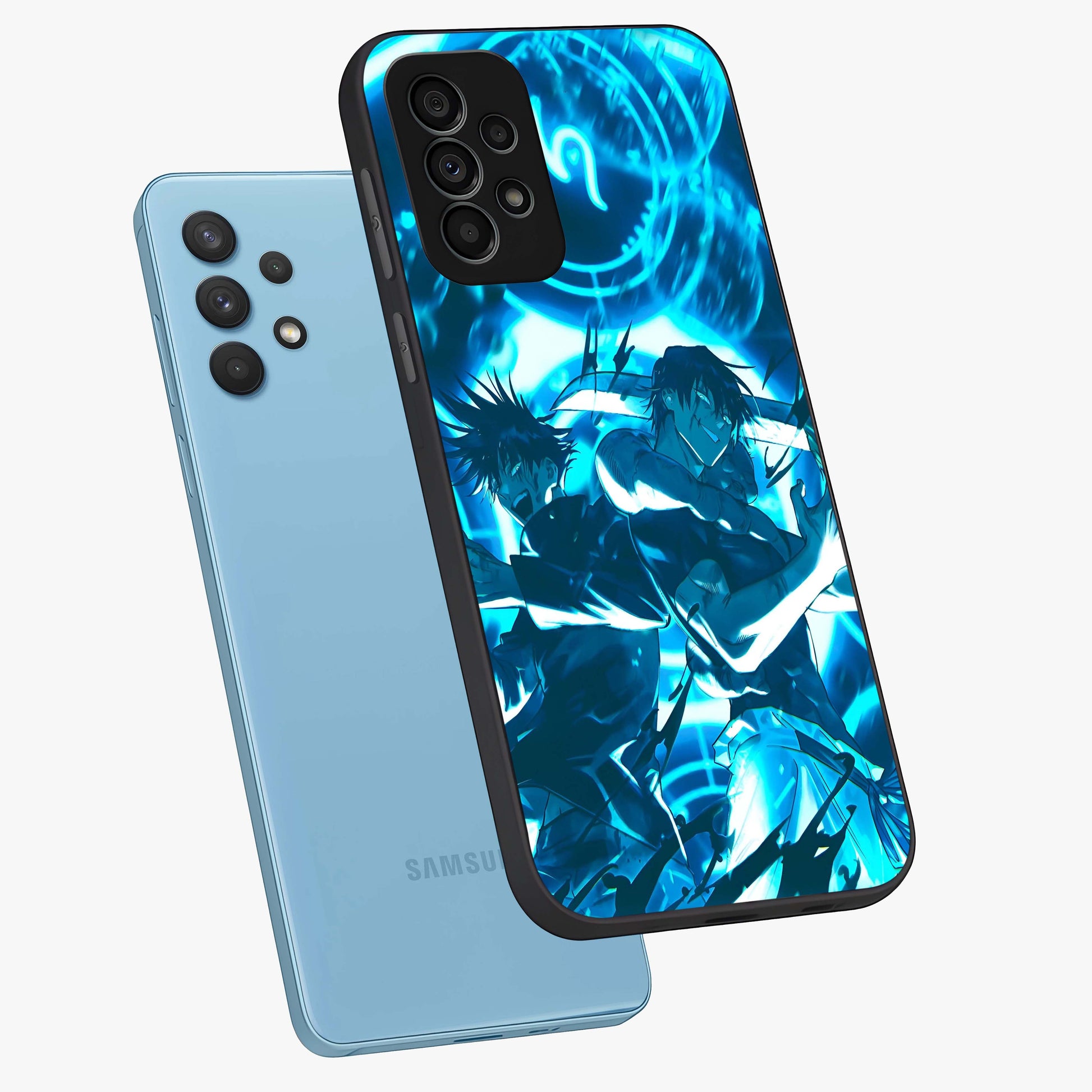 Cursed Energy Clash Glass Case displayed in angled mockup highlighting powerful battle inspired graphic with anime style aesthetic.