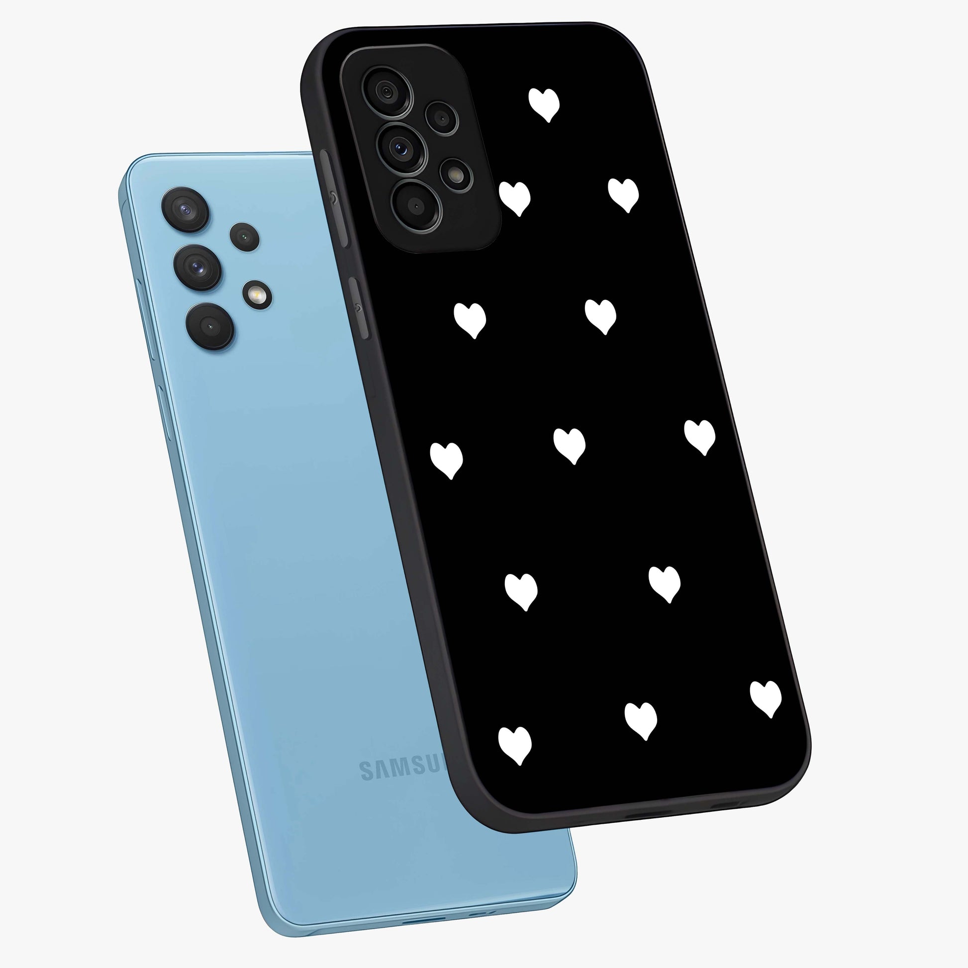 Cute And Simple White Hearts Glass Case displayed in angled mockup highlighting cute heart design with clean aesthetic style.