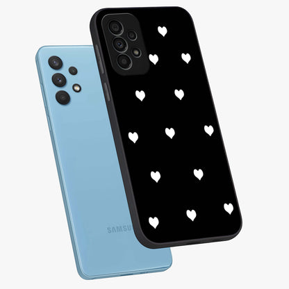Cute And Simple White Hearts Glass Case displayed in angled mockup highlighting cute heart design with clean aesthetic style.