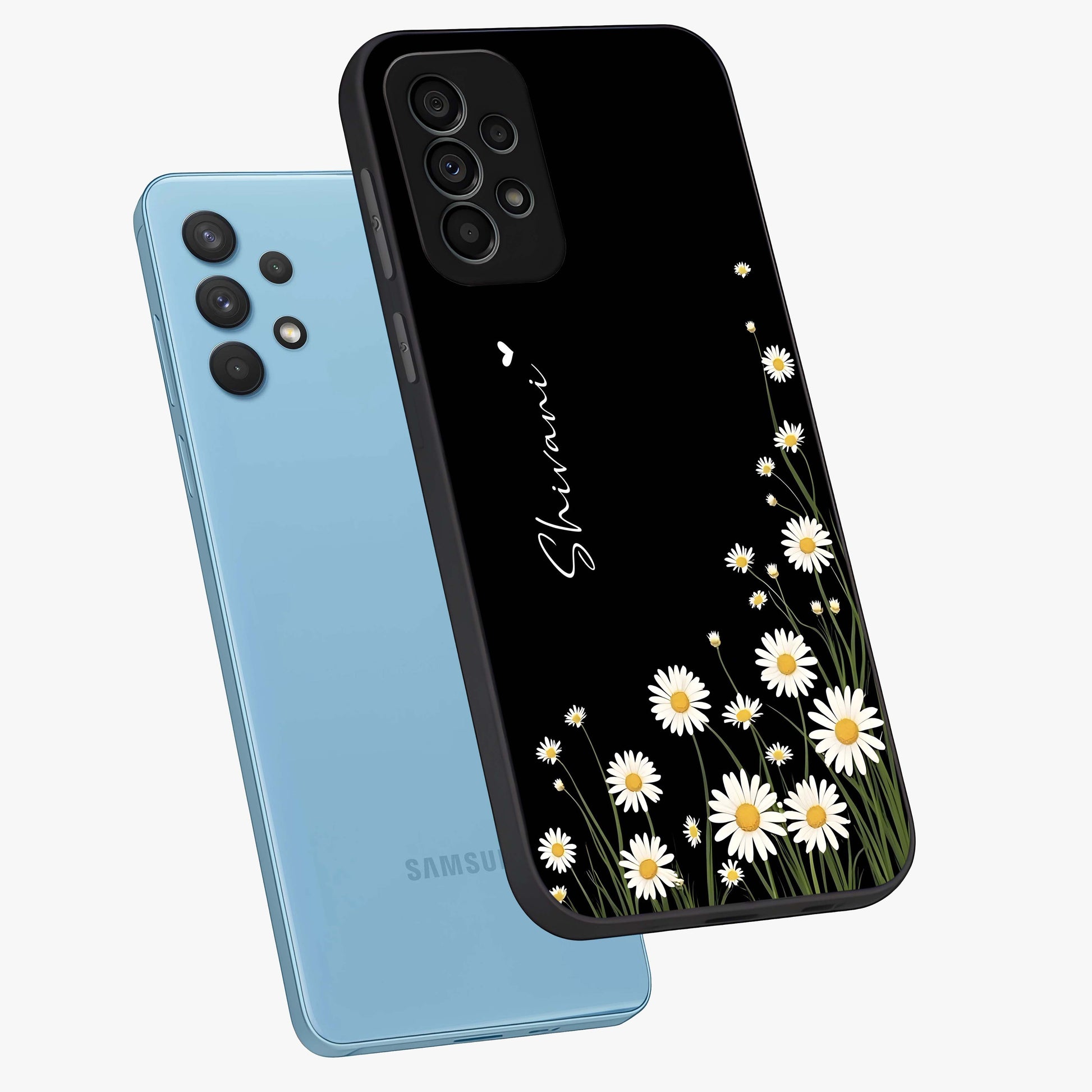 Daisy Cascade Custom Name Glass Case displayed in angled mockup highlighting delicate daisy artwork with custom name feature.