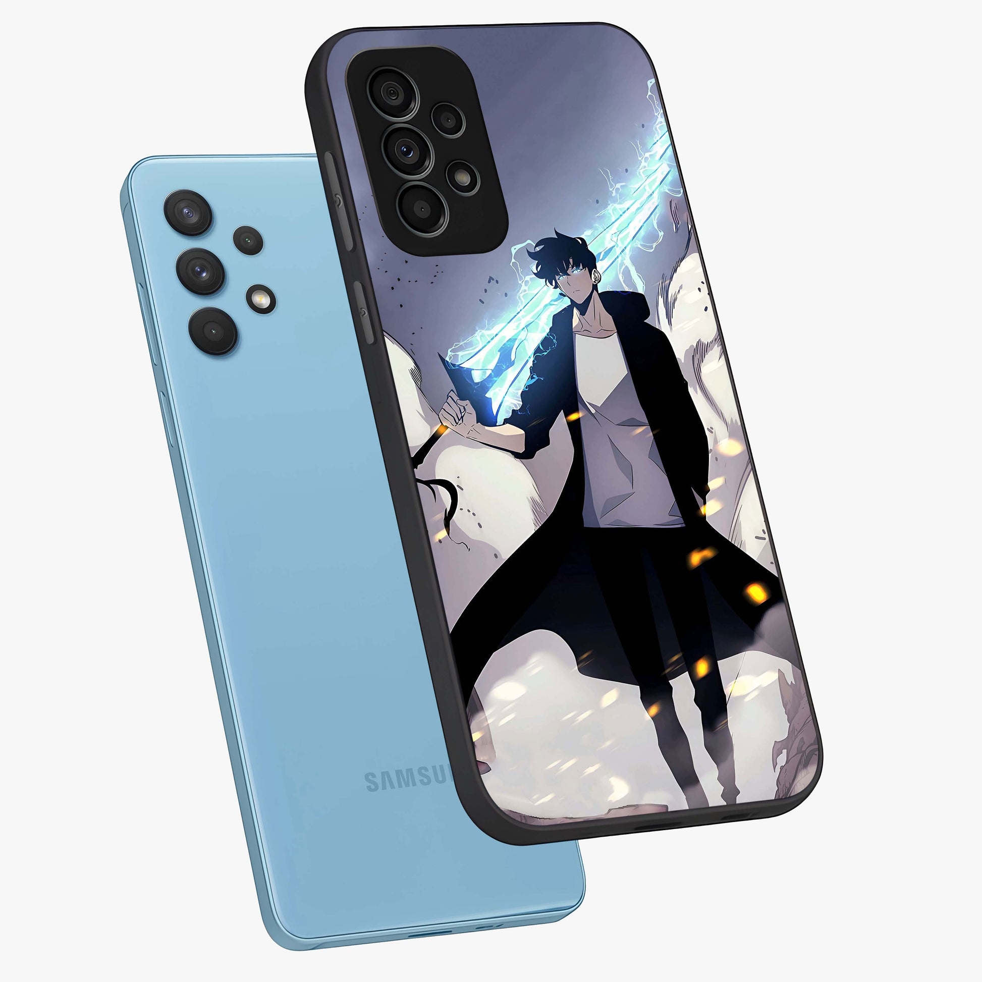 Dark Lightning Anime Warrior Glass Case displayed in angled mockup highlighting powerful lightning themed anime illustration.