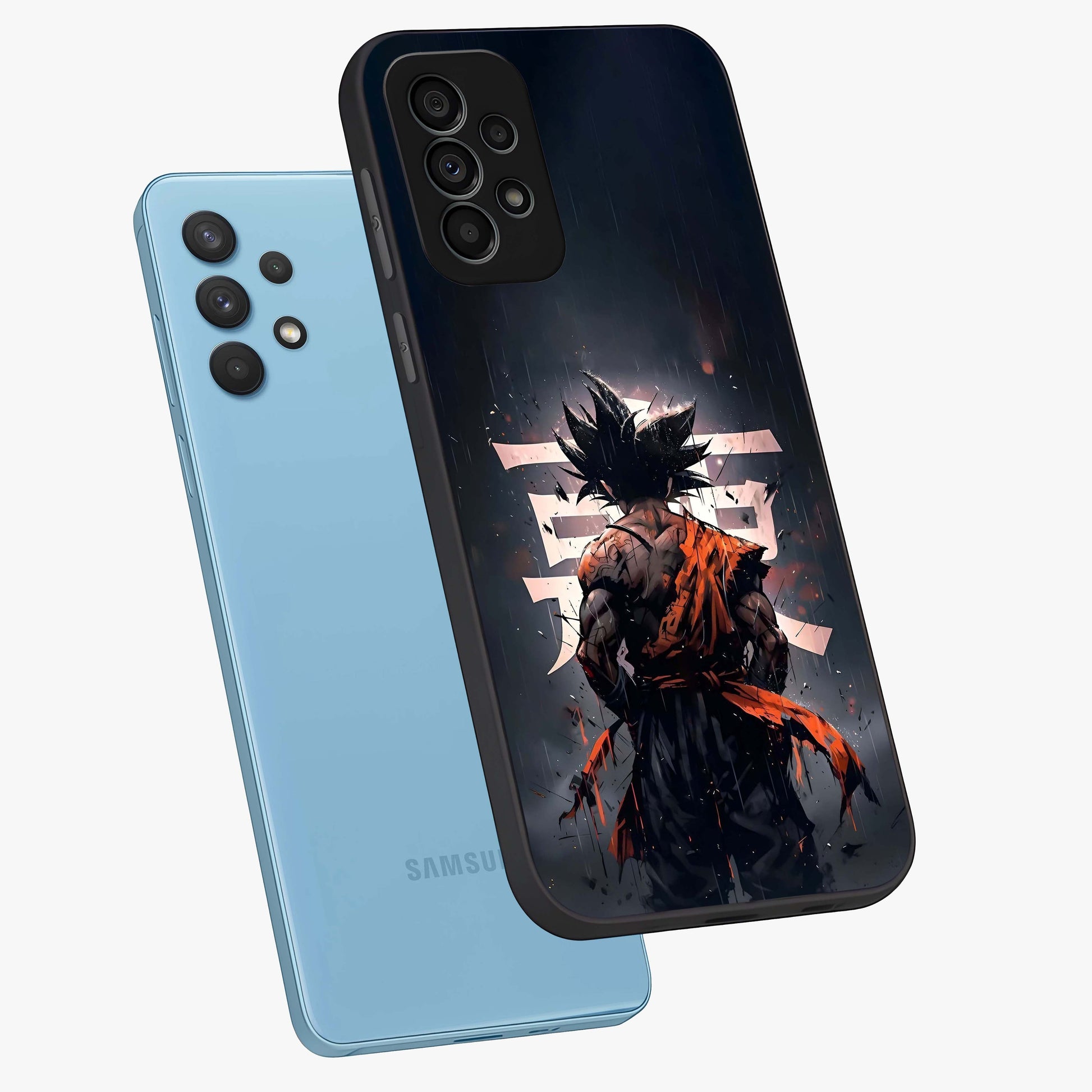 Dark Warrior In Rain Glass Case displayed in angled mockup highlighting dramatic warrior illustration with dark rain aesthetic.