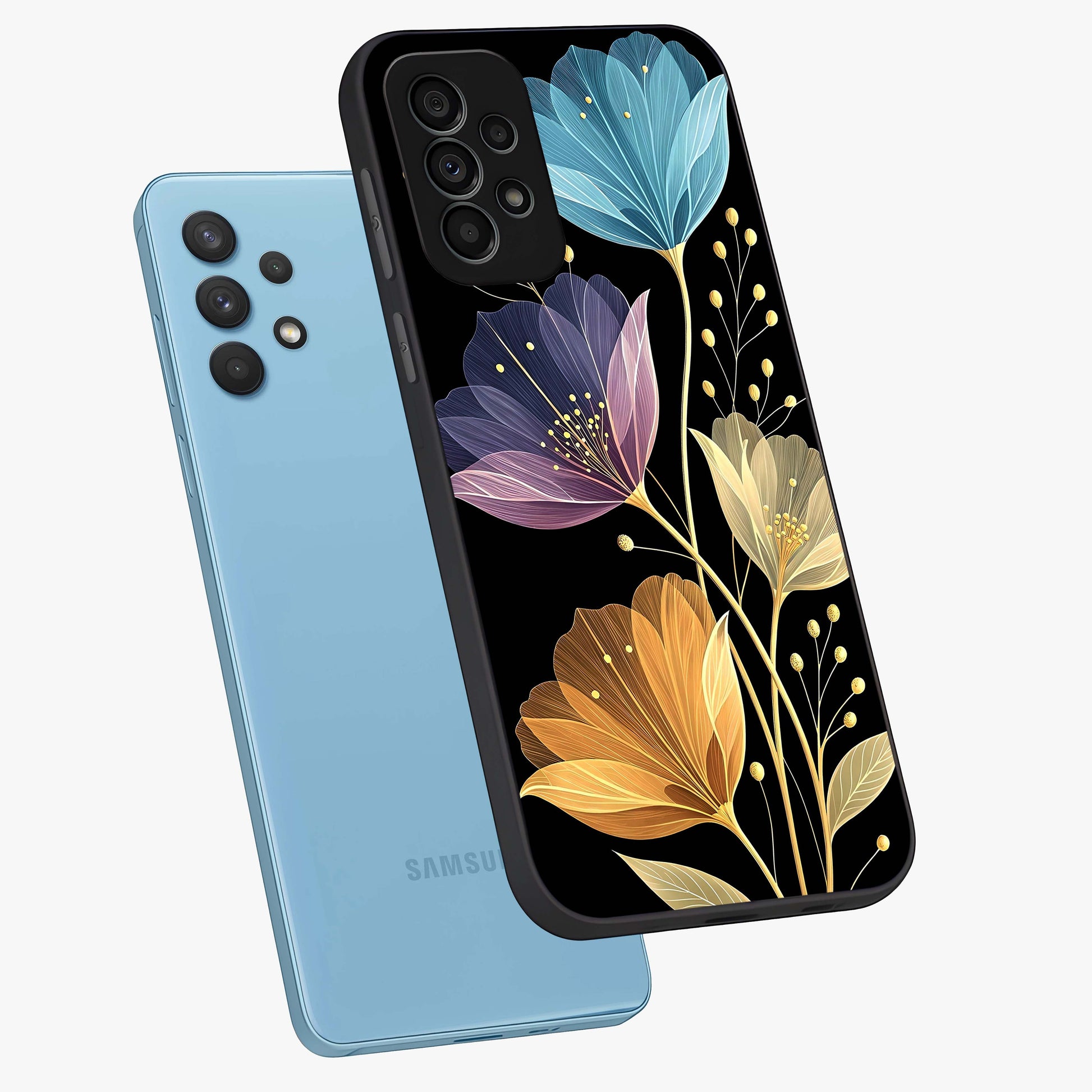 Delicate Multicolor Flowers Glass Case displayed in angled mockup highlighting colorful flower pattern with soft aesthetic style.