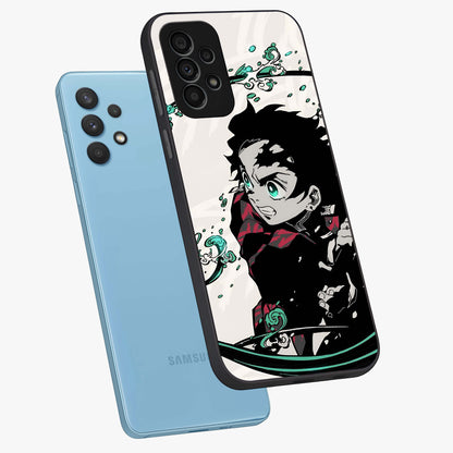 Demon Slayer Glass Case displayed in angled mockup highlighting dramatic anime character design with action aesthetic.