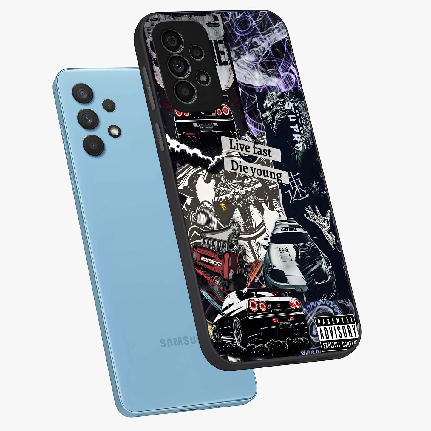 Die Young Glass Case displayed in angled mockup highlighting expressive graphic artwork with edgy aesthetic style.