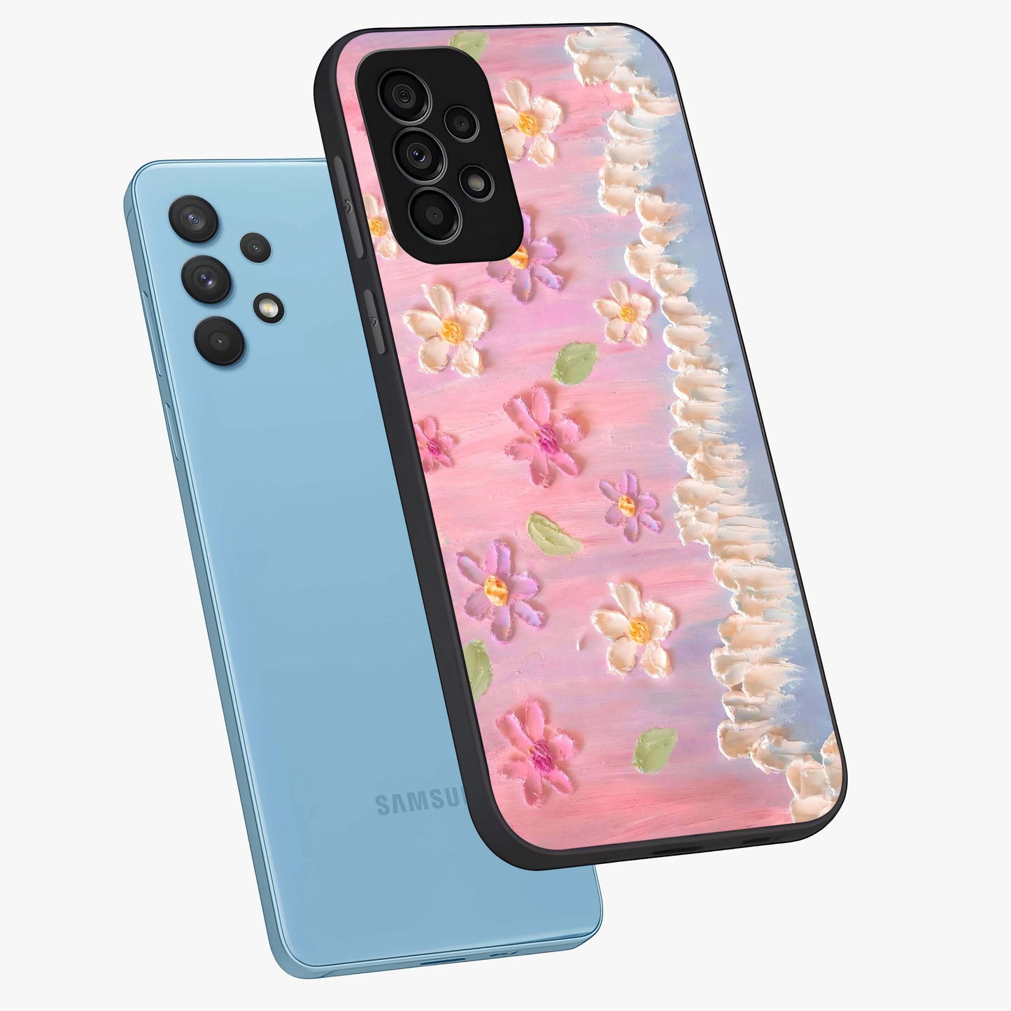 Dreamy Painted Garden Glass Case displayed in angled mockup highlighting colorful garden illustration with dreamy aesthetic style.
