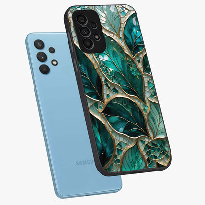 Emerald Leaf Glass Glass Case displayed in angled mockup highlighting botanical leaf illustration with elegant natural aesthetic.