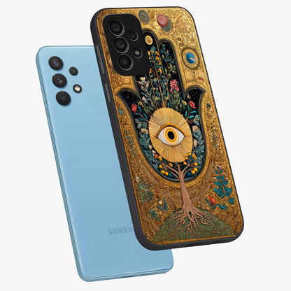 Ethereal Evil Eye Glass Case displayed in angled mockup highlighting protective evil eye symbol with spiritual aesthetic design.