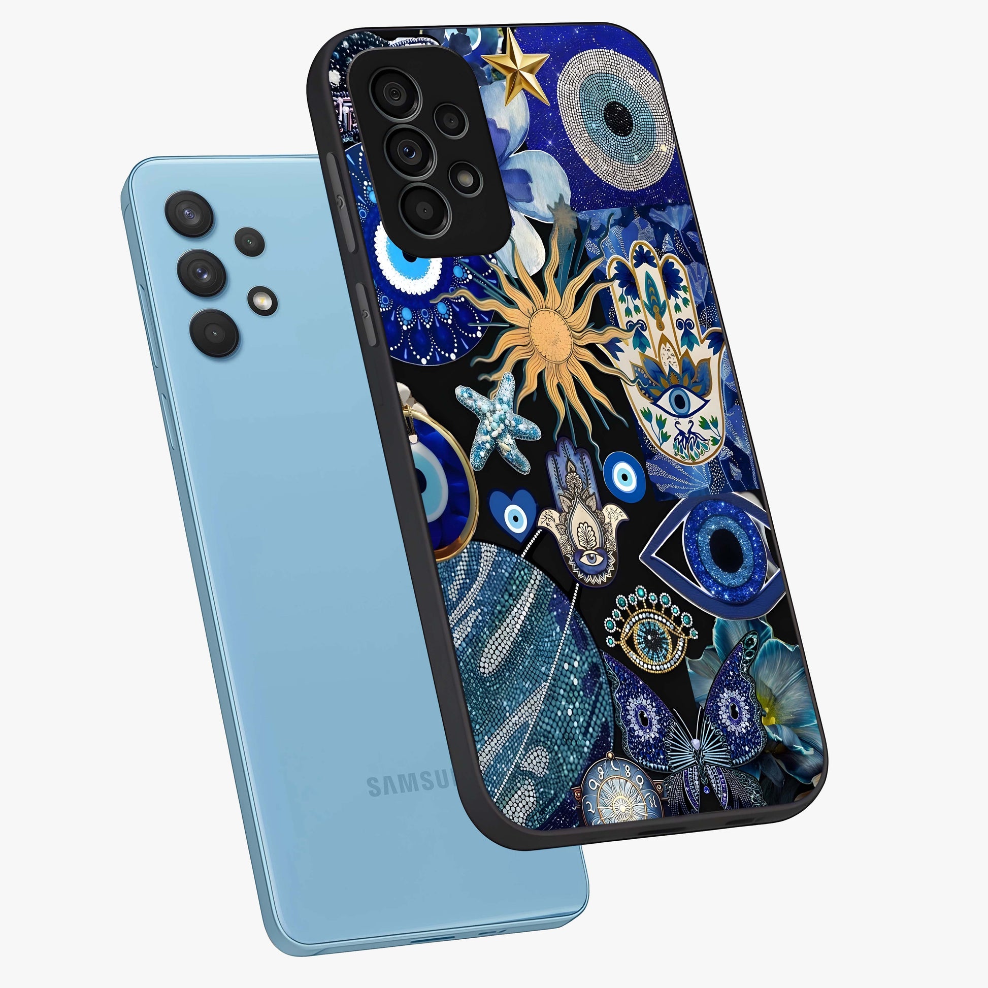 Evil Eye Charm Mix Glass Case displayed in angled mockup highlighting protective evil eye symbols with spiritual aesthetic design.