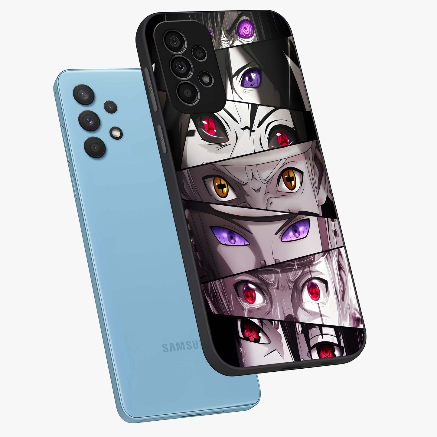Eyes of Destiny Glass Case displayed in angled mockup highlighting bold eye illustration with mystical aesthetic style.