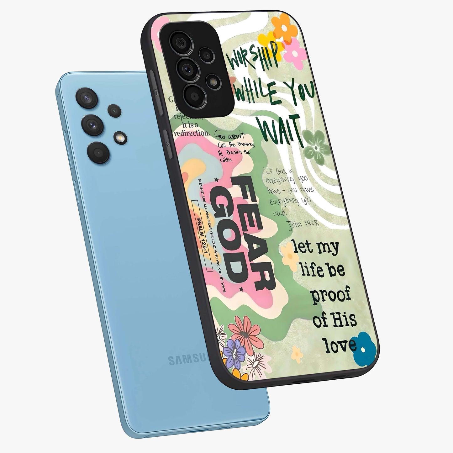 Faith Over Fear Glass Case displayed in angled mockup highlighting inspirational message design with modern aesthetic style.