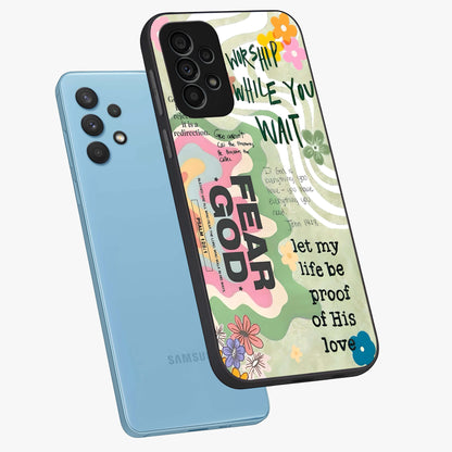 Faith Over Fear Glass Case displayed in angled mockup highlighting inspirational message design with modern aesthetic style.