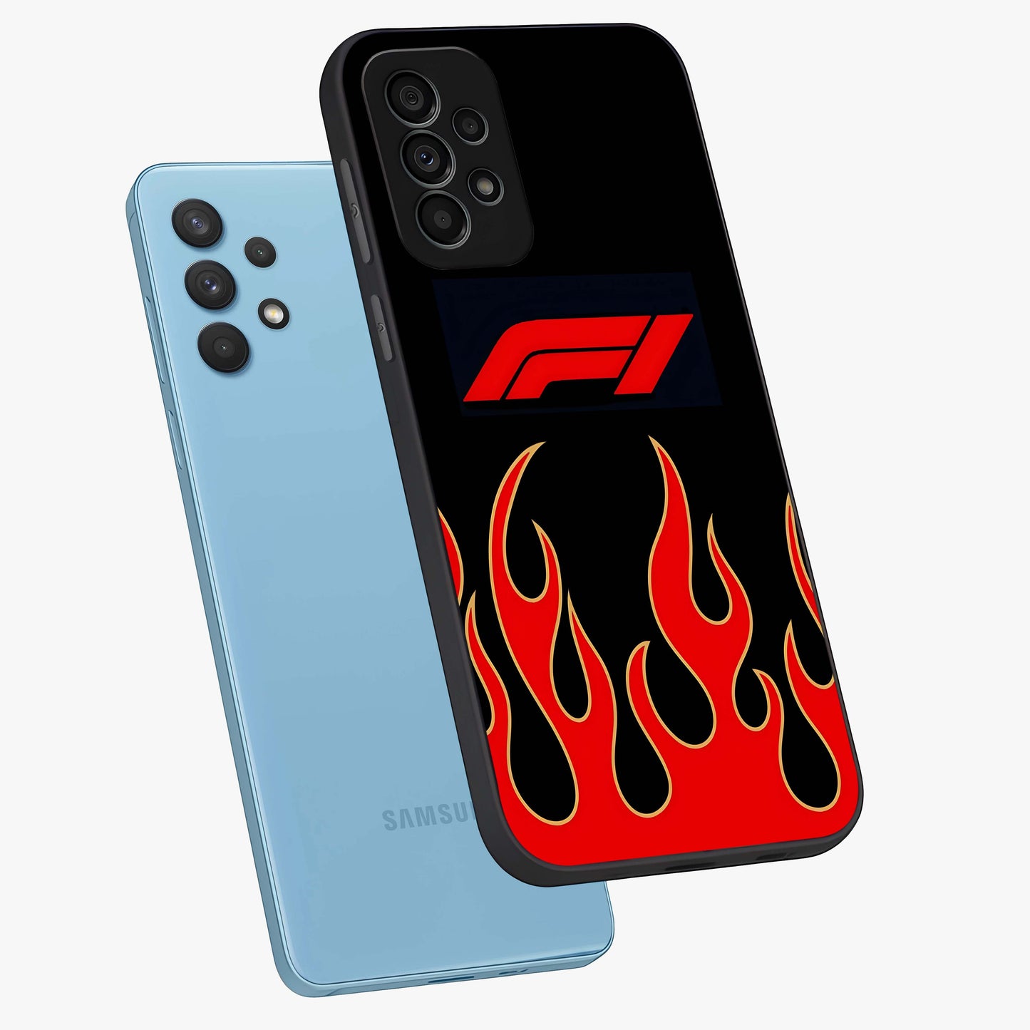 Fire F11 Glass Case displayed in angled mockup highlighting bold fire inspired graphic with energetic aesthetic style.