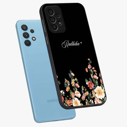 Floral Design With a Custom Personalized Name Glass Case displayed in angled mockup highlighting elegant floral pattern with custom name feature.