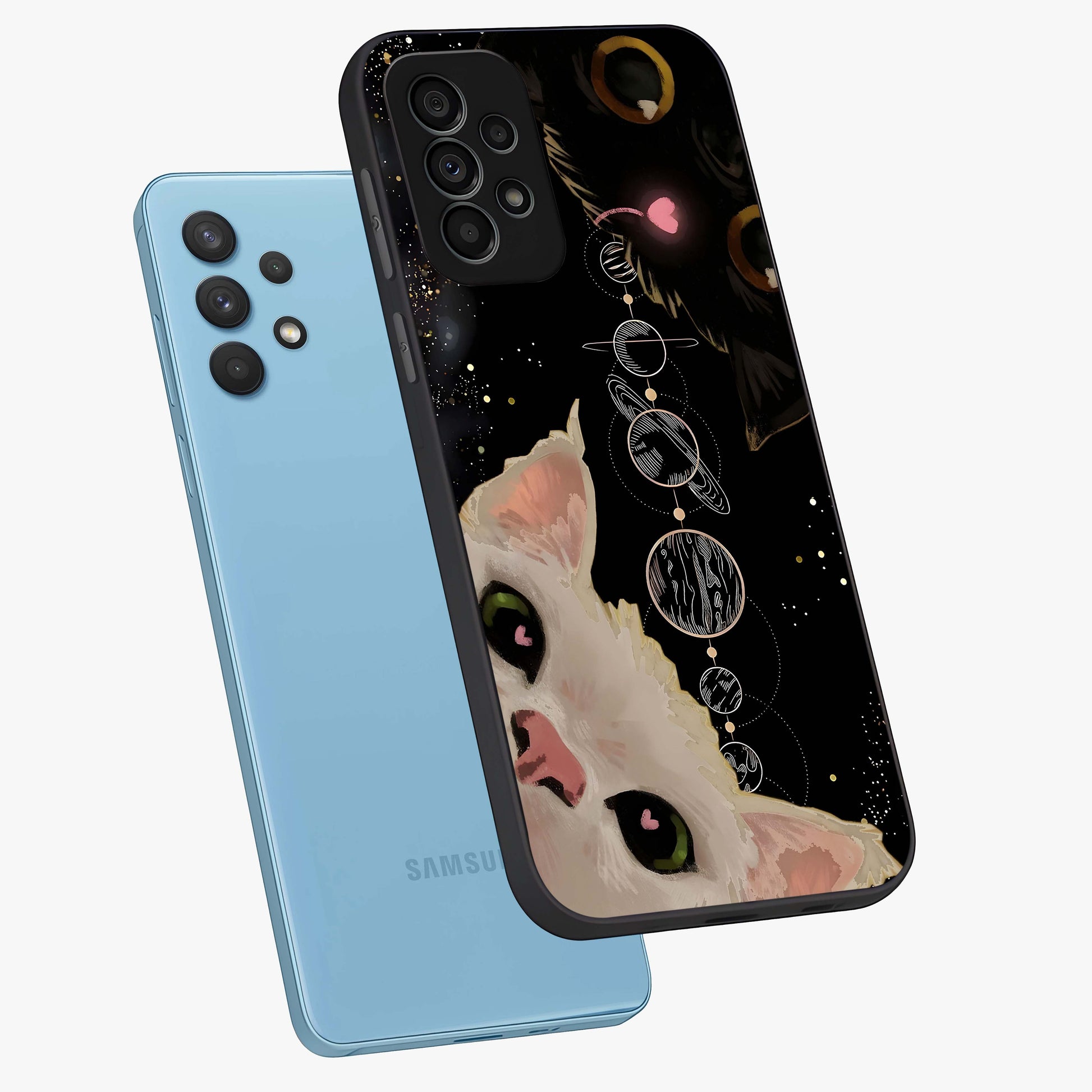 Galactic Cat Glass Case displayed in angled mockup highlighting celestial feline illustration with galaxy aesthetic style.